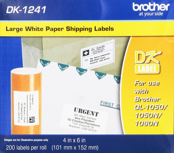 Brother DK1241 Original Die-Cut Large Shipping White Paper Labels, 4'' x 6'', 200 Labels Per Roll