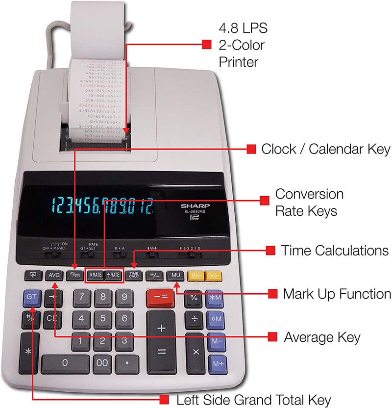 Sharp EL-2630PIII Deluxe Heavy Duty Color Printing Calculator with Clock and Calendar