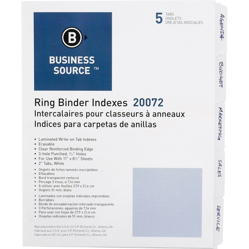 Index à onglets effaçables à 3 anneaux et 5 onglets Business Source - 5 / ensemble (BSN20072) - S.O.S Cartouches inc.